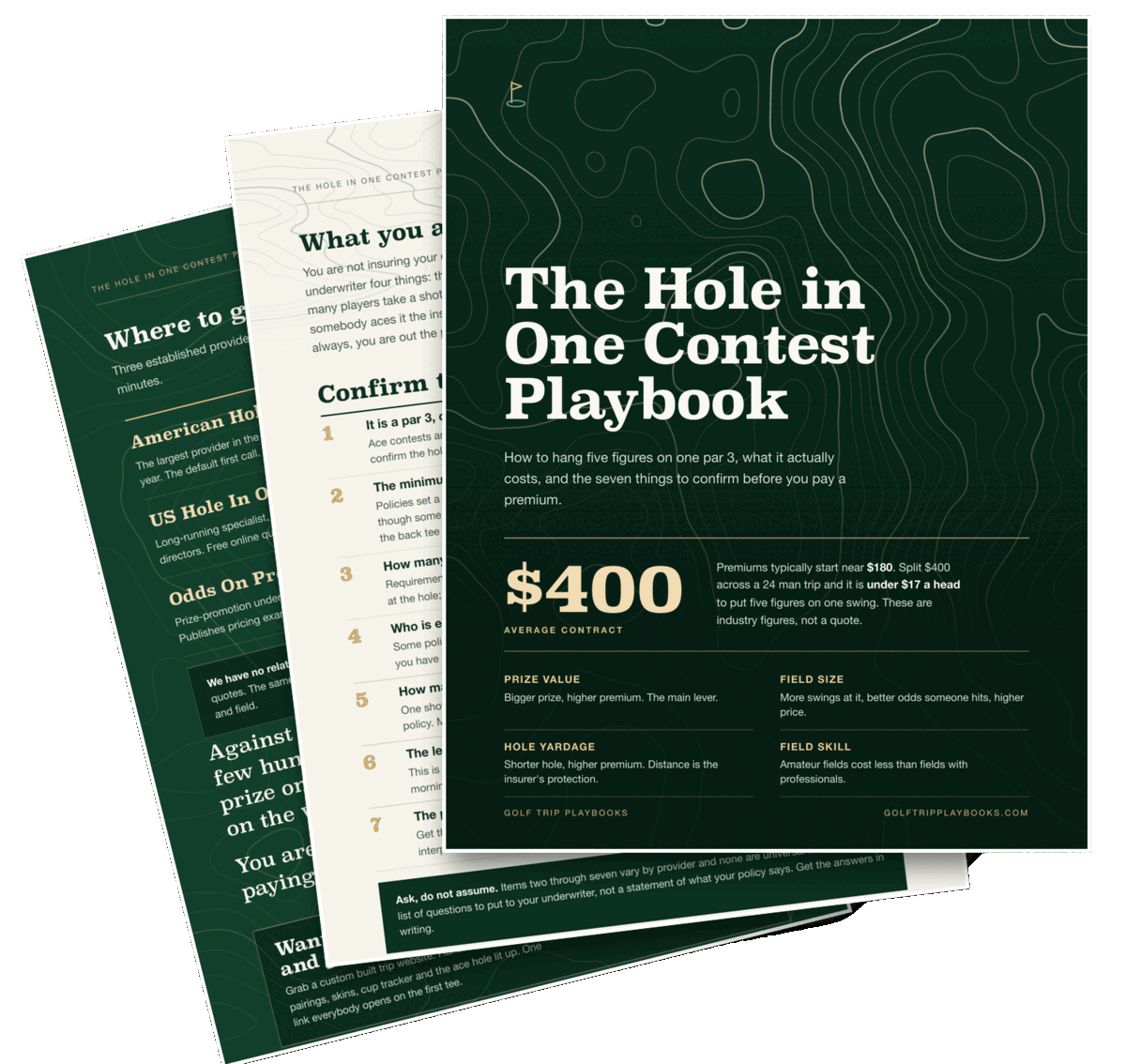 The three page Hole in One Contest Playbook, fanned out